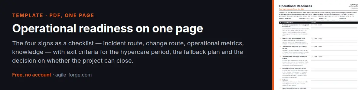 Template “Operational readiness on one page”: The four signs as a checklist — incident route, change route, operational metrics, knowledge — with exit criteria for the hypercare period, the fallback plan and the decision on whether the project can close. Available without an account.