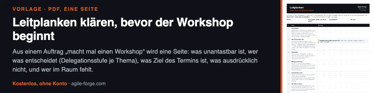 Vorlage „Leitplanken klären, bevor der Workshop beginnt“: Aus einem Auftrag wird eine Seite — was unantastbar ist, wer was entscheidet, wofür der Termin da ist und wofür ausdrücklich nicht. Ohne Konto abrufbar.